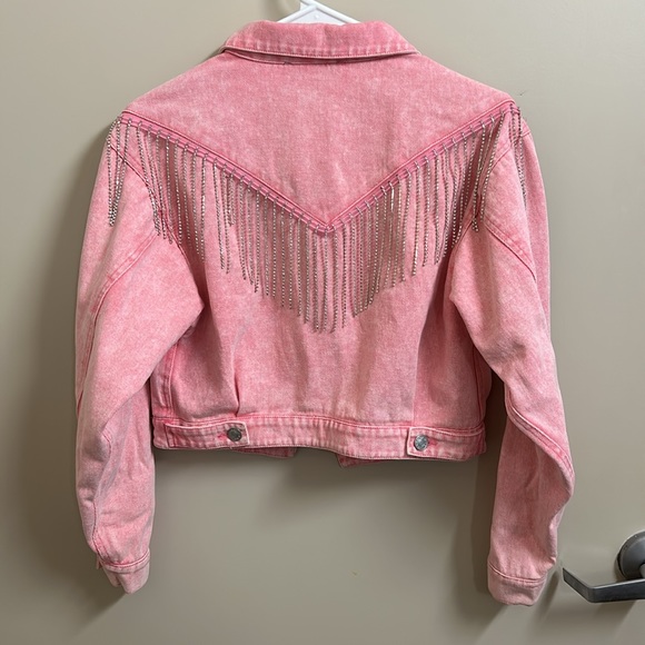 Pink denim jacket with sparkle fringes. Blue B. Size s. - Picture 2 of 2